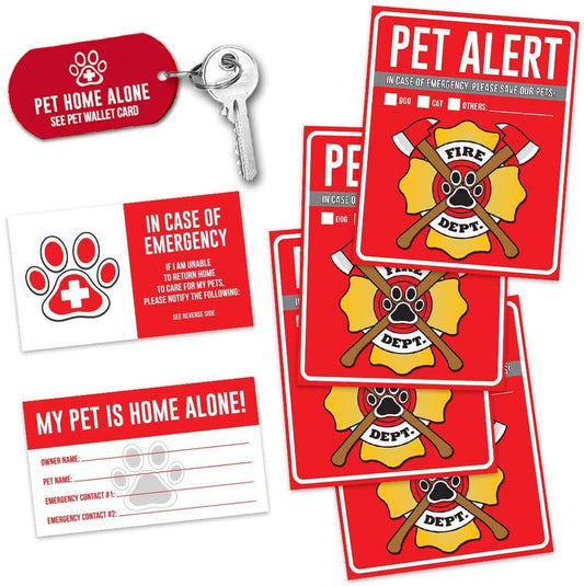 Pet Alert Fire Rescue Sticker - (4) 5" x 4" Window Door Decal - (2) Animal Care Wallet Cards - (1) Pet Home Alone Key Tag - in Case of Emergency Sign Kit - Safety Save Our Cat Dog Inside Accessories - (For 12 piece(s))