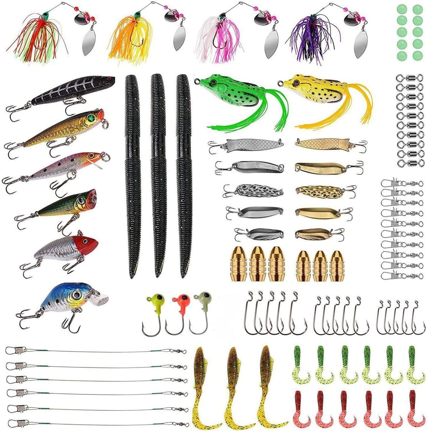 PLUSINNO Fishing Lures Baits Tackle Including Crankbaits, Spinnerbaits, Plastic Worms, Jigs, Topwater Lures , Tackle Box and More Fishing Gear Lures Kit Set, 102/67/27Pcs Fishing Lure Tackle - (For 6 piece(s))