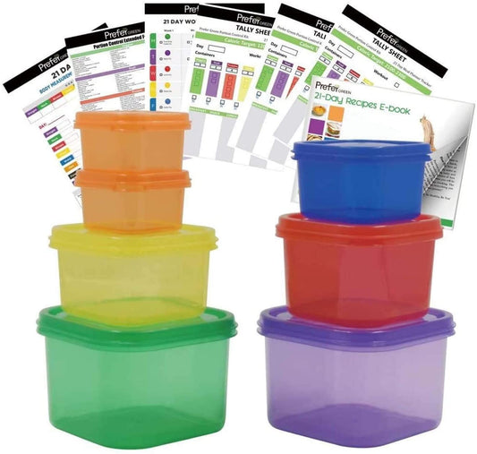Prefer Green 7 PCS Portion Control Containers Kit (with COMPLETE GUIDE & 21 DAY DAILY TRACKER & 21 DAY MEAL PLANNER & RECIPES PDFs),Label-Coded,Multi-Color-Coded System,Perfect Size for Lose Weight - (For 12 piece(s))