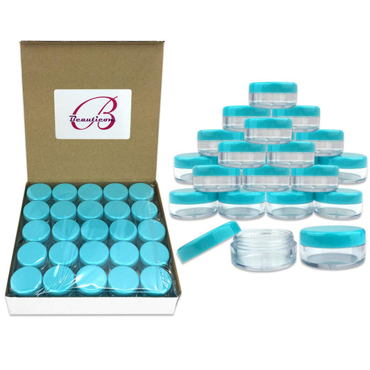 (Quantity: 100 Pieces) Beauticom 5G/5ML Round Clear Jars with TEAL Sky Blue Lids for Scrubs, Oils, Toner, Salves, Creams, Lotions, Makeup Samples, Lip Balms - (For 8 piece(s))