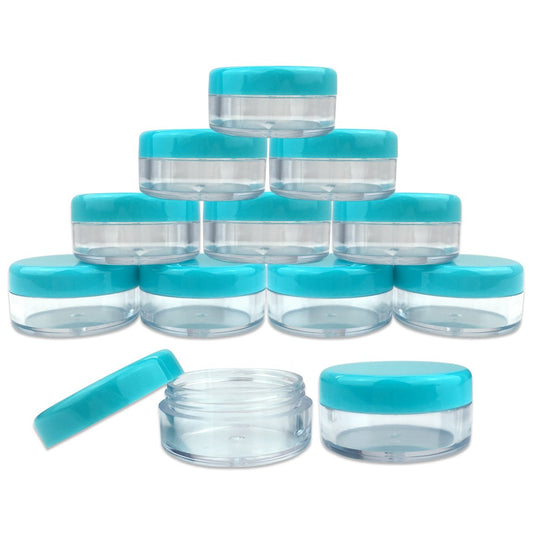 (Quantity: 100 Pieces) Beauticom 5G/5ML Round Clear Jars with TEAL Sky Blue Lids for Scrubs, Oils, Toner, Salves, Creams, Lotions, Makeup Samples, Lip Balms - (For 8 piece(s))