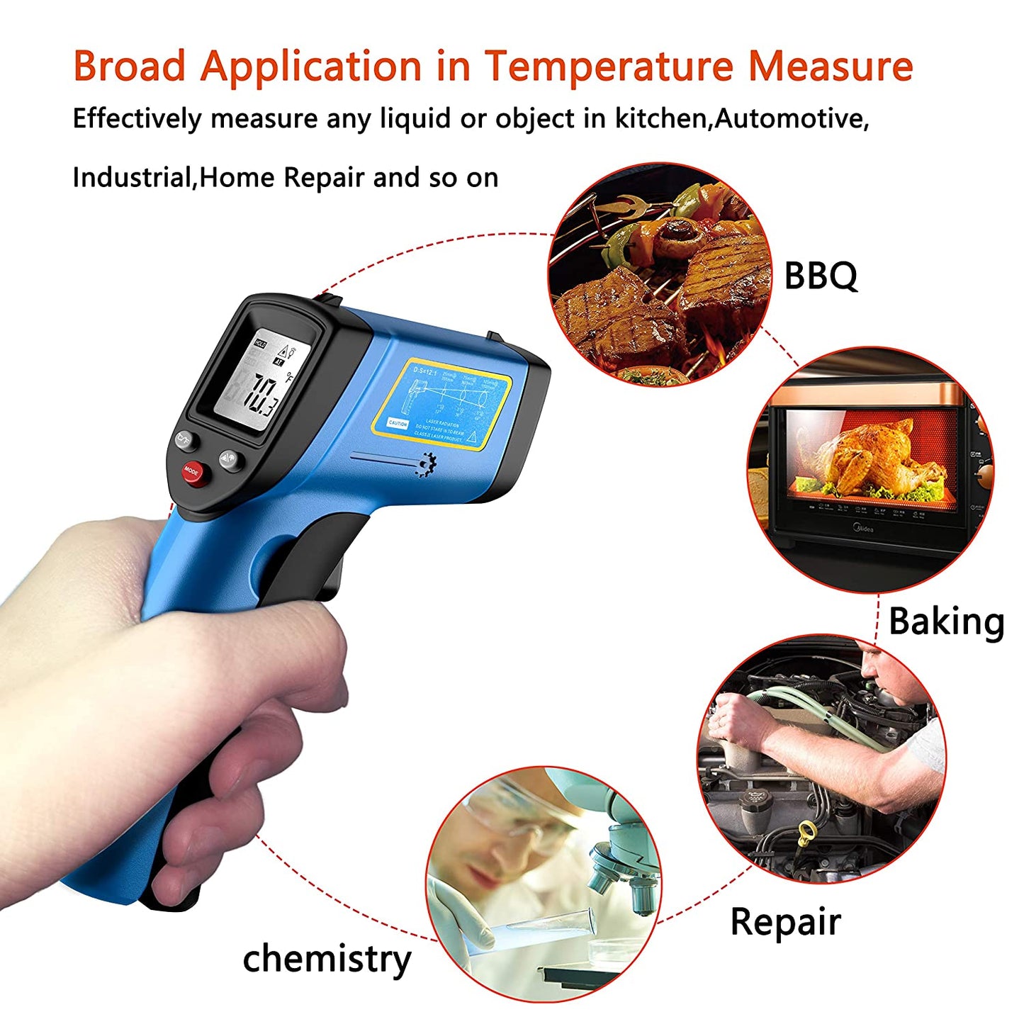 RISWOJOR Infrared Thermometer Cooking Digital Laser Temperature Gun,Adjustable Emissivity &MAX/MIN/at/Cal；-58°F~986°F (-50°C～530°C) Temp Gun IR Thermometer Gun for Industrial/Kitchen Cooking/Ovens - (For 8 piece(s))