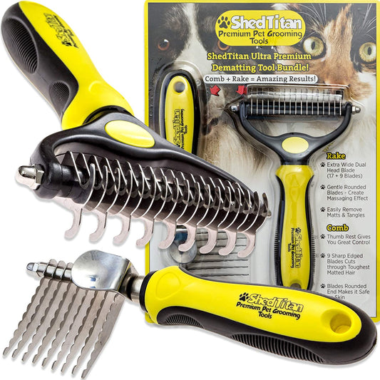 ShedTitan Pet Grooming Tools Value Bundle - 2 Sided Undercoat Rake & Long Teeth Dematting Comb for Dog, Cat, Horse - Easy & Safe Detangler, Dematter, Deshedder, Matt Breaker for Long & Medium Hair - (For 1 piece(s))