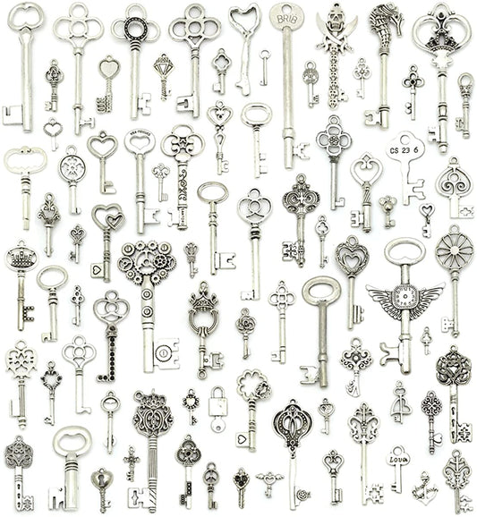 Silver Skeleton Keys Charms, JIALEEY 80PCS Wholesale Bulk Lots Mixed Antique Castle Dungeon Pirate victorian Filigree Heart Royal Keys - (For 8 piece(s))