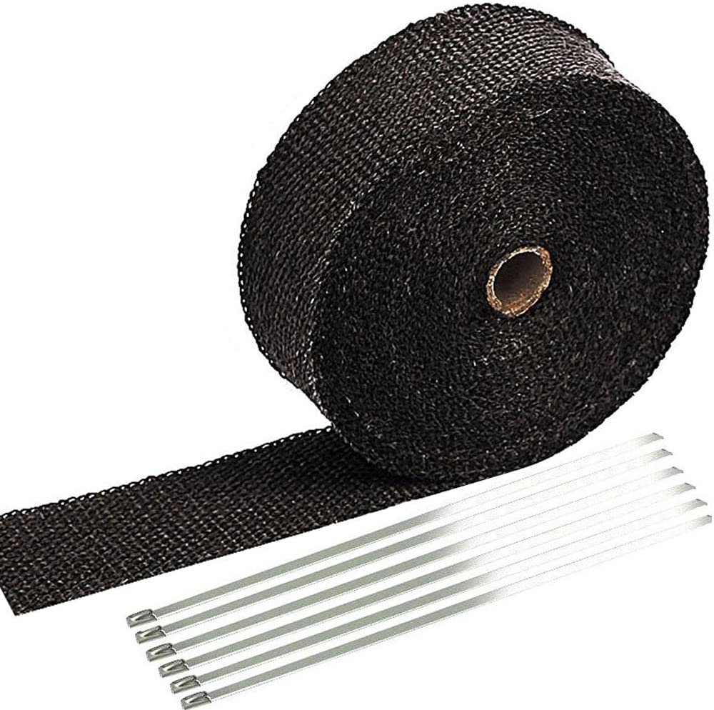 SunplusTrade 2" x 50' Black Exhaust Heat Wrap Roll for Motorcycle Fiberglass Heat Shield Tape with Stainless Ties - (For 8 piece(s))
