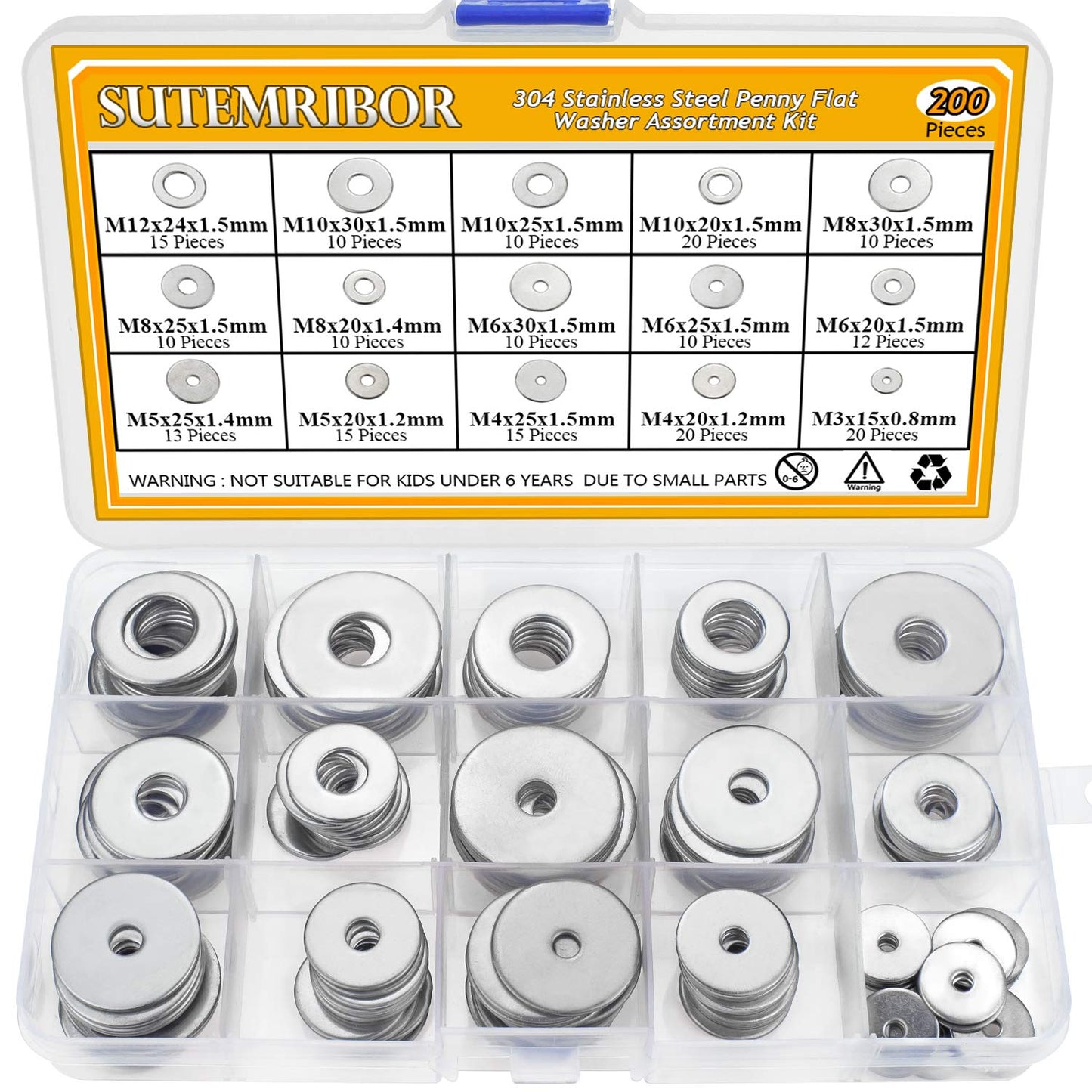 Sutemribor 304 Stainless Steel Large Fender Washer Assortment Kit 200 Pieces, 15 Sizes - M3 M4 M5 M6 M8 M10 M12 - (For 8 piece(s))
