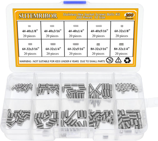 Sutemribor 380Pcs 20 Sizes, 4#-40 to 3/8"-16 Stainless Steel Internal Hex Drive Cup-Point Set Screws Assortment Kit - (For 8 piece(s))