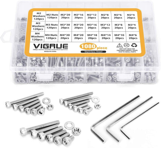 VIGRUE M2-M3-M4-1080PCS Stainless Steel Screws and Nuts, 1080 Pcs Hex Socket Head Cap, Silver - (For 6 piece(s))