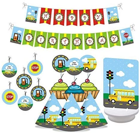 Wheels on the BUS Birthday Party Decorations. Includes Wheels on the Bus Party Hats, Wheels on the BUS Centerpieces, Happy Birthday Banner, Hanging Decorations & Wheels on the BUS Cupcake Toppers - (For 8 piece(s))