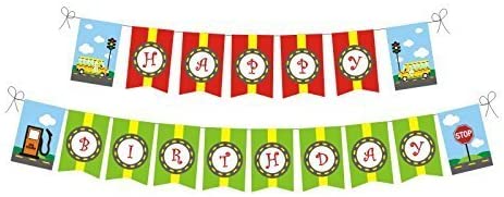 Wheels on the BUS Birthday Party Decorations. Includes Wheels on the Bus Party Hats, Wheels on the BUS Centerpieces, Happy Birthday Banner, Hanging Decorations & Wheels on the BUS Cupcake Toppers - (For 8 piece(s))