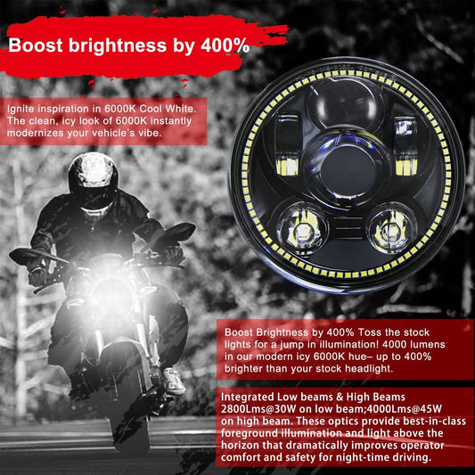 Wisamic 5-3/4 5.75 inch LED Headlight - with Halo DRL Compatible with Harley Davidson Dyna Street Bob Super Wide Glide Low Rider Night Rod Train Softail Deuce Custom Sportster Iron 883 -Black - (For 4 piece(s))