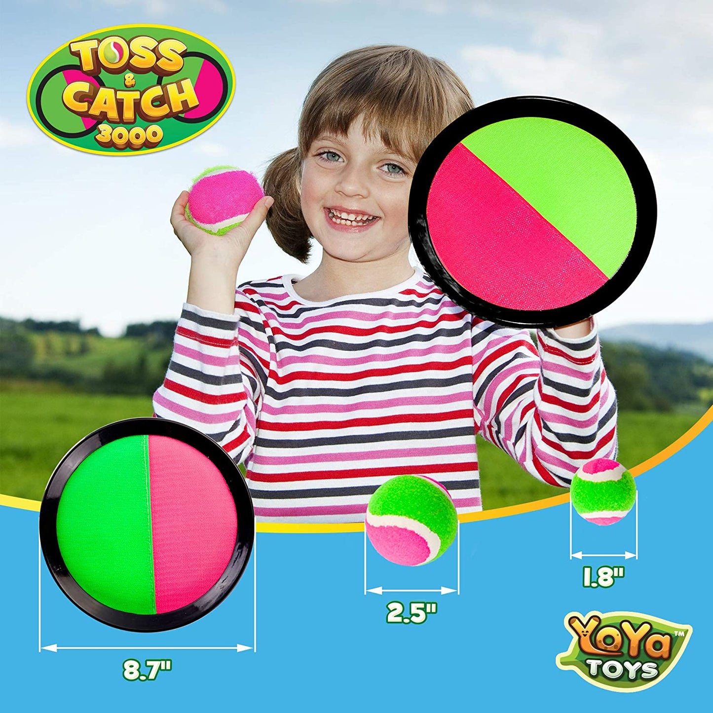 YoYa Toys Toss and Catch 3000 Ball Game with Disc Paddles, 2 Balls (Big and Small) and PVC Carry Bag, Pink and Green - (For 8 piece(s))